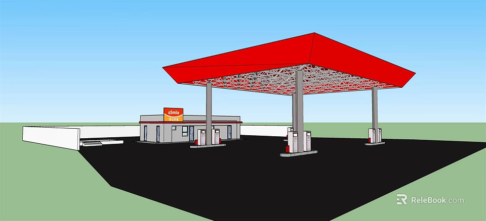 Gas Station With Red Canopy Fuel Pumps And Adjacent Small Building 3d model 