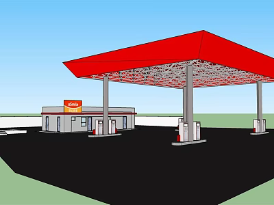 Gas Station With Red Canopy Fuel Pumps And Adjacent Small Building 3d model