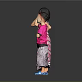 Woman In Colorful Striped Dress Standing With Child In Pink T Shirt Against Gray Background
