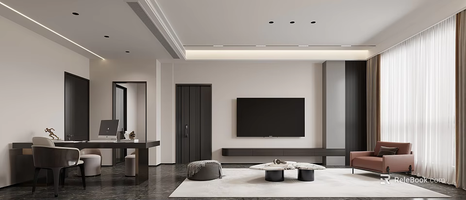 Modern Living Dining Room Interior With Large TV Coffee Table And Ceiling Lights 3d model