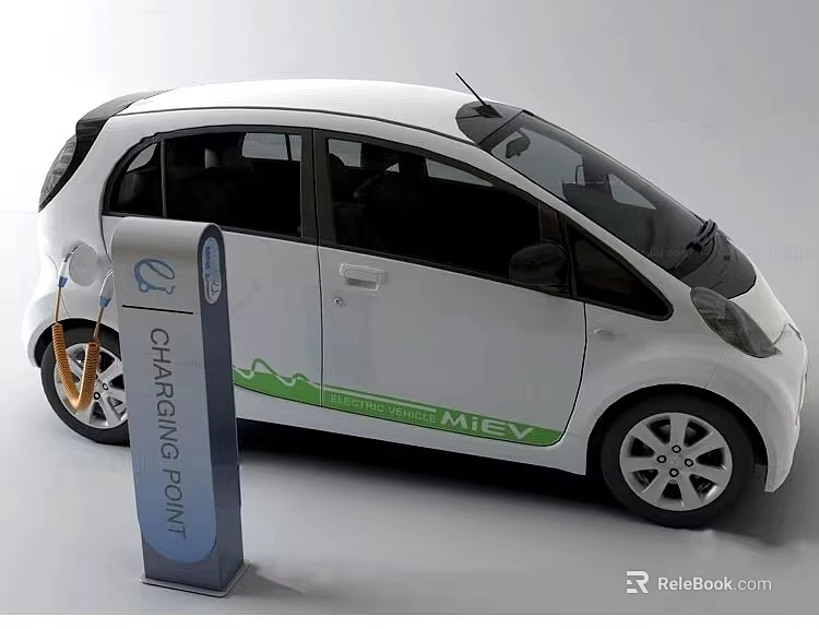 White i-MiEV Electric Car Charging at Charging Point with Green Accents 3d model 