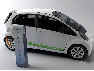 White i-MiEV Electric Car Charging at Charging Point with Green Accents 3d model