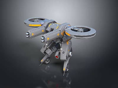 Mechanical Robot Character With Gray Yellow Rotors Mechanical Legs and Thruster Appendages Design 3d model