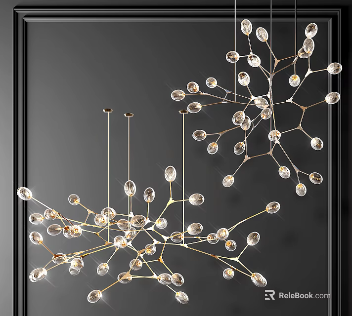 Elegant Modern Branching Chandelier With Golden Frame And Crystal Glass Orbs 3d model 