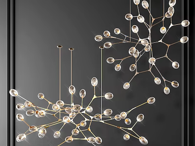 Elegant Modern Branching Chandelier With Golden Frame And Crystal Glass Orbs 3d model