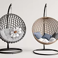 Two Rattan Hanging Chairs with Black and Brown Frames and Comfortable Cushions