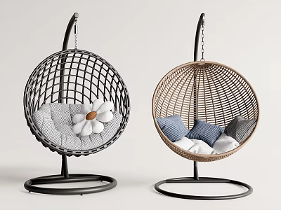 Two Rattan Hanging Chairs with Black and Brown Frames and Comfortable Cushions 3d model