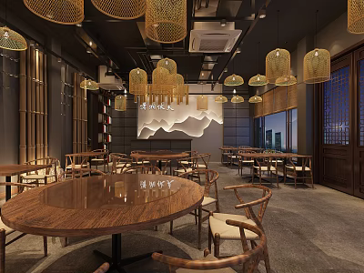 Chinese Style Restaurant Interior Featuring Bamboo Pendant Lights Wooden Round Tables And Dining Chairs 3d model