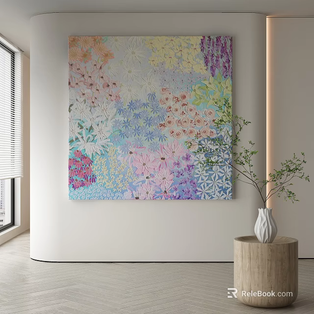 Vibrant Abstract Painting Hanging In Modern Interior With Vase On Wooden Stand 3d model 