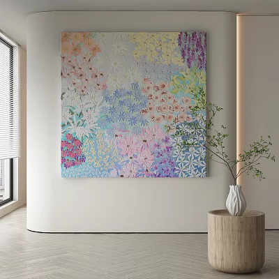 Vibrant Abstract Painting Hanging In Modern Interior With Vase On Wooden Stand 3d model