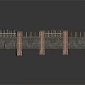 Crenellated Architectural Wall Structure With Brick Columns Stone Panels And Decorative Railings