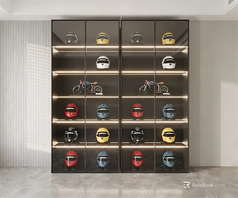 Modern Display Shelves Showcasing Colorful Helmets And Motorcycle Models With Lighting 3d model 