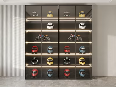 Modern Display Shelves Showcasing Colorful Helmets And Motorcycle Models With Lighting 3d model