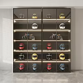 Modern Display Shelves Showcasing Colorful Helmets And Motorcycle Models With Lighting