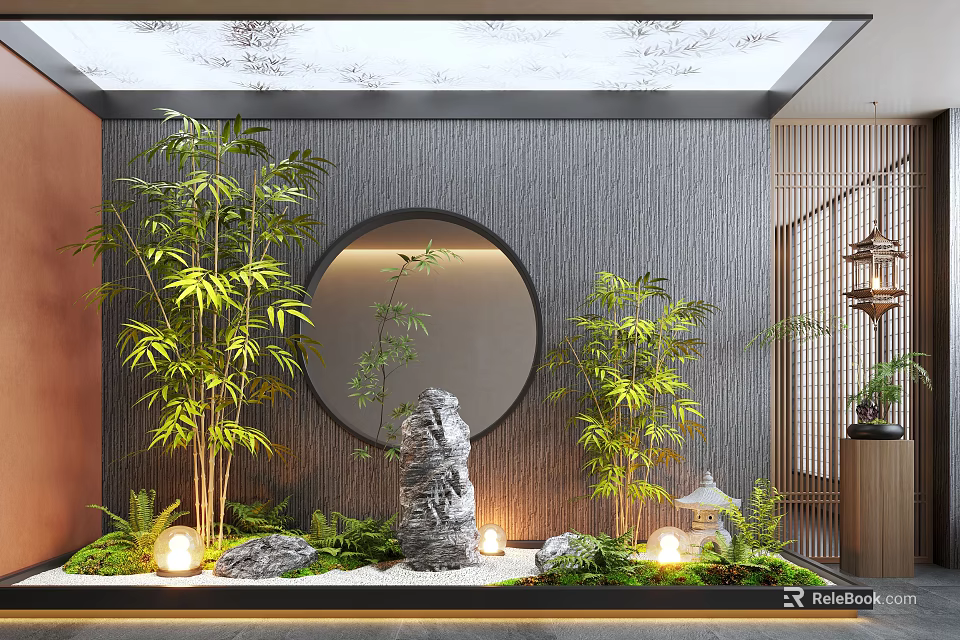 Zen Style Garden Ornament with Bamboo Plants Round Mirror Stone Statue Stones and Small Lights 3d model 