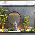 Zen Style Garden Ornament with Bamboo Plants Round Mirror Stone Statue Stones and Small Lights