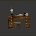 Wooden Writing Desk With Vintage Table Lamp Stack Of Books And Green Cushion Chair