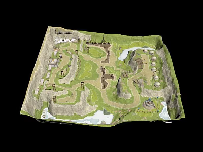 Amusement Park Layout Map Featuring Themed Zones Paths Structures Grass Mountains And Water 3d model