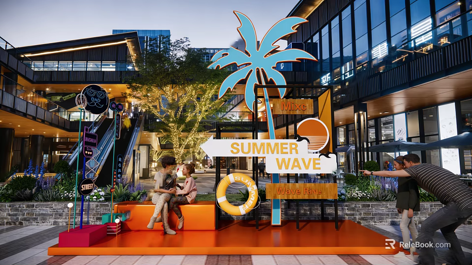 Summer Themed Photo Check-in Spot With Palm Tree Lifebuoy Slide And Orange Seat 3d model 