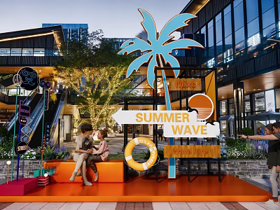 Summer Themed Photo Check-in Spot With Palm Tree Lifebuoy Slide And Orange Seat 3d model