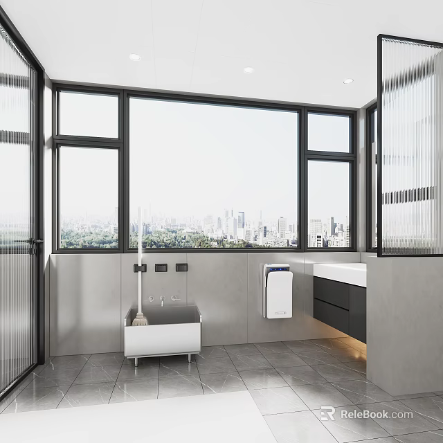 Modern Minimalist Bathroom With Spacious Floor To Ceiling Windows Offering Stunning City Skyline View 3d model 