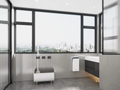 Modern Minimalist Bathroom With Spacious Floor To Ceiling Windows Offering Stunning City Skyline View 3d model
