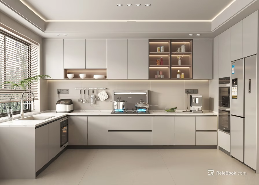 Modern Kitchen Interior Design With Gray Cabinets Appliances And Natural Light 3d model