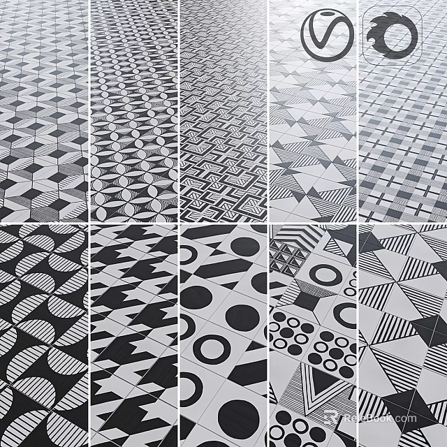 Geometric Tiles Components With Black White Patterns And Various Shapes 3d model 