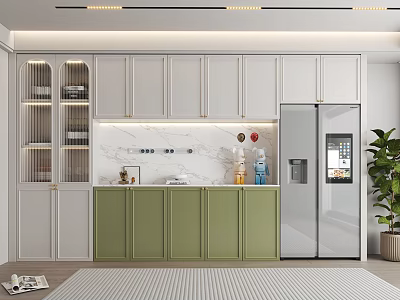 Elegant Modern Kitchen Wine Cabinet With White Green Cabinets And Marble Countertop 3d model