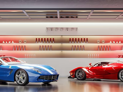 Blue And Red Sports Cars In Modern Auto Showroom With Wall Logos 3d model