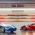 Blue And Red Sports Cars In Modern Auto Showroom With Wall Logos