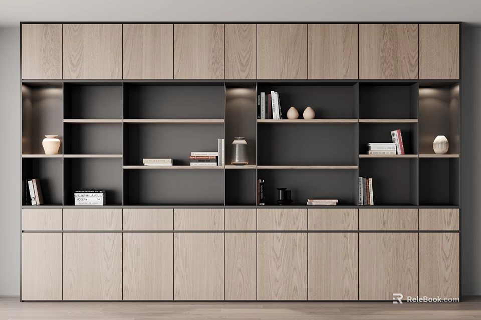 Modern Wooden Bookcase With Open Closed Compartments Books And Decorative Items 3d model 
