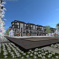 Modern Townhouse Exterior With Courtyard Pink Blossom Trees And People Walking