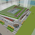 Modern Commercial Complex With Glass Facade Retail Stores Outdoor Plaza Fountain And Greenery