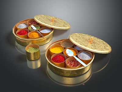 Decorative Golden Lidded Spice Containers With Various Colorful Spices And Small Spoons 3d model