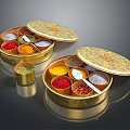 Decorative Golden Lidded Spice Containers With Various Colorful Spices And Small Spoons
