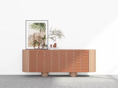 Entryway Console Table With Brown Geometric Panel Design And Decorative Plants Photo Frame For Hallway 3d model