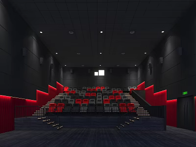 Modern Cinema Interior With Red Seats Black Walls Ceiling And Staircase Seating 3d model
