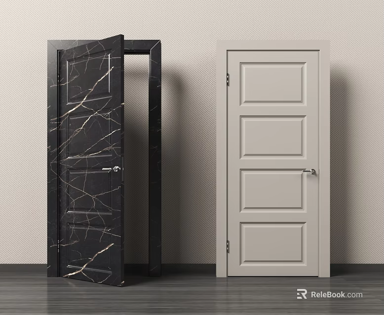 Modern Hinged Doors Black With Gold Veins And Light Grey Three Panel Design 3d model 