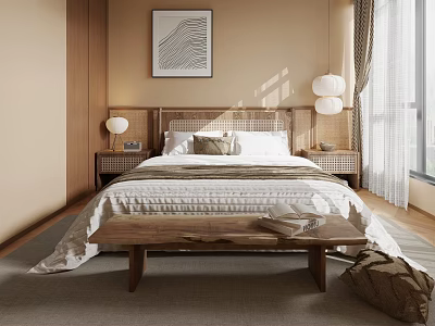 Modern Minimalist Bedroom Interior Design With Simple Headboard Wooden Walls Rattan Elements And Decorative Art 3d model