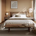 Modern Minimalist Bedroom Interior Design With Simple Headboard Wooden Walls Rattan Elements And Decorative Art