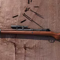 Vintage Rifle With Wooden Stock Scattered Bullets On Rustic Wood Surface