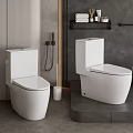 Modern Bathroom Suite Featuring Two White Toilets Toilet Paper Holders And Shelves With Toiletries