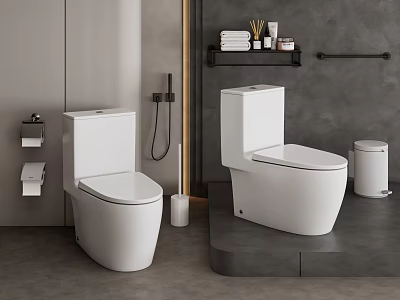 Modern Bathroom Suite Featuring Two White Toilets Toilet Paper Holders And Shelves With Toiletries 3d model