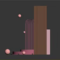 Modern Art Installation Display With Orange Structure Pink Circular Platform And Metal Frame Decorative Spheres