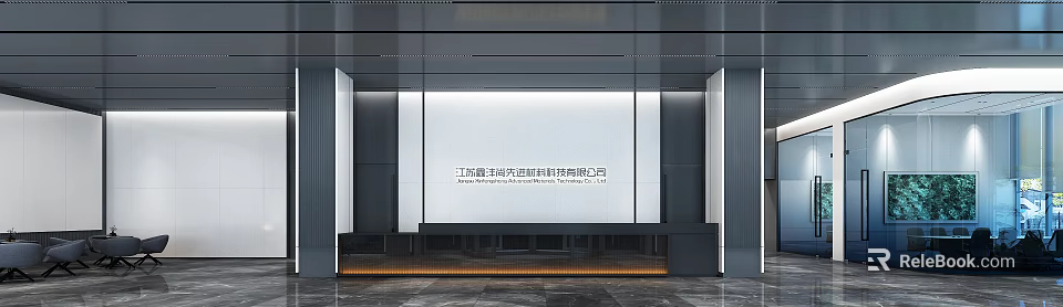 Modern Front Desk Reception Area With Company Logo White Backdrop And Marble Floor 3d model 