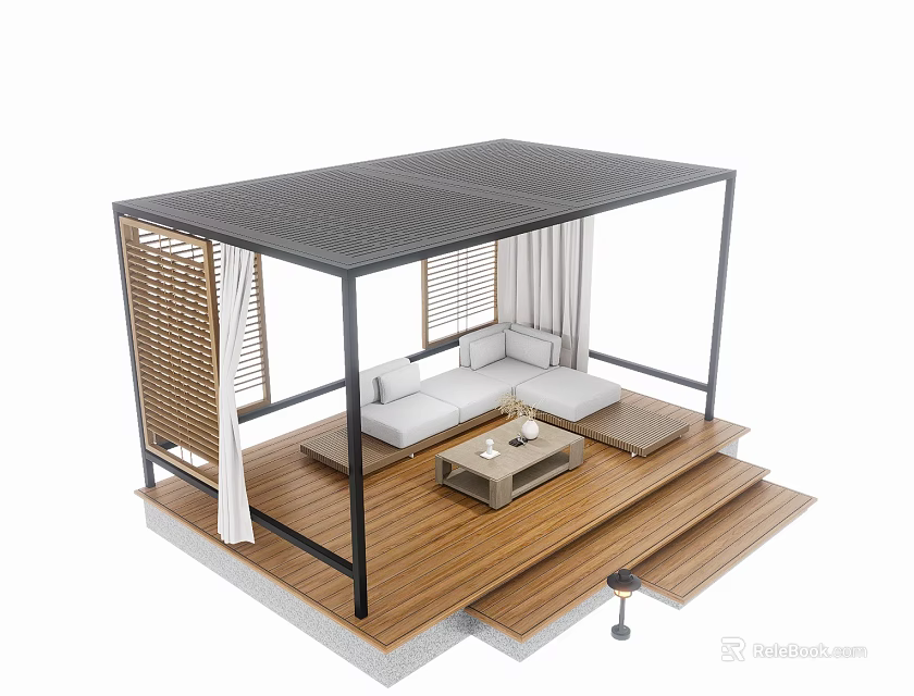 Modern Pergola With Metal Frame Black Roof Wooden Floor Sofa Coffee Table Louver And Curtain 3d model 