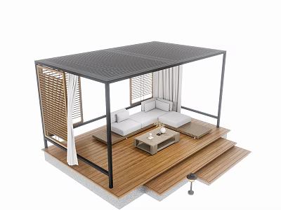 Modern Pergola With Metal Frame Black Roof Wooden Floor Sofa Coffee Table Louver And Curtain 3d model