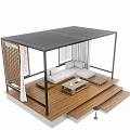 Modern Pergola With Metal Frame Black Roof Wooden Floor Sofa Coffee Table Louver And Curtain