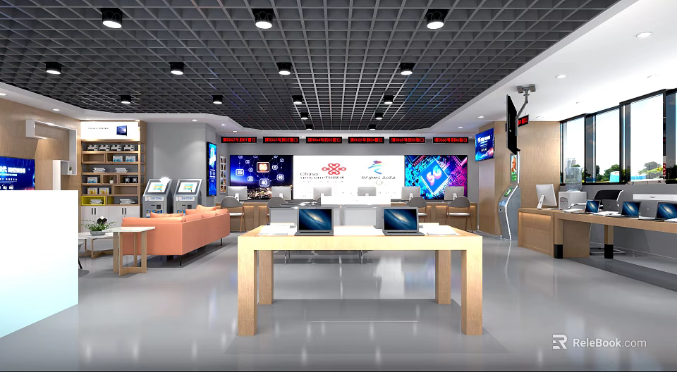 Modern Digital Store Interior With Laptops On Display Tables And Showcase Counters 3d model